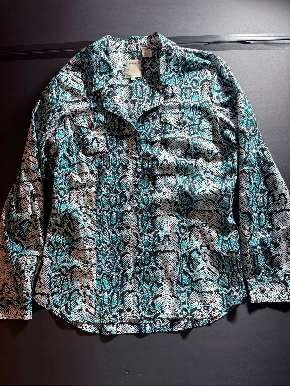 Roper Turquoise Black Snake Print Pearl Snap Western Shirt Women Large L